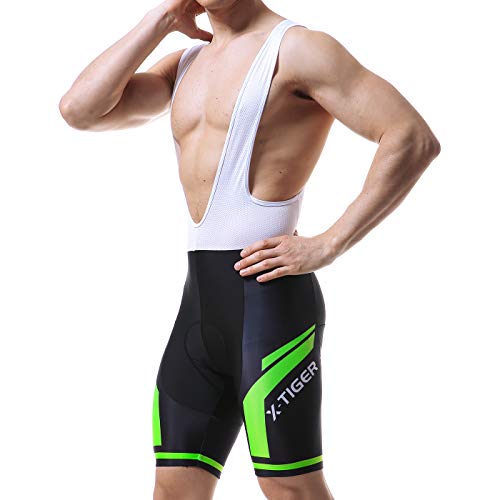 X-TIGER Hombres de Bicicleta con 5D Gel Acolchado MTB Ciclismo Tirantes Culotte Pantalones Cortos Culotes (XXL=XL(EU), Verde Culotte Pantalones)