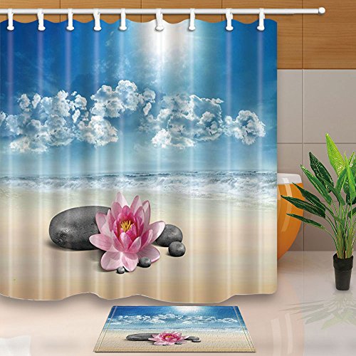 XCBN Cortinas de baƱo de diseƱo Creativo Piedra y Loto en la Playa Mampara de baƱo de Estilo Tranquilo con Ganchos Impermeable y Resistente al Moho A3 150x200cm XCBN Cortinas de baƱo de diseƱo Creativo Piedra y Loto en la Playa Mampara de baƱo de Estilo Tranquilo con Ganchos Impermeable y Resistente al Moho A3 150x200cm