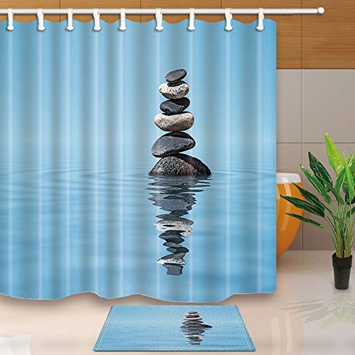 XCBN Cortinas de baño de diseño Creativo Piedra y Loto en la Playa Mampara de baño de Estilo Tranquilo con Ganchos Impermeable y Resistente al Moho A3 150x200cm