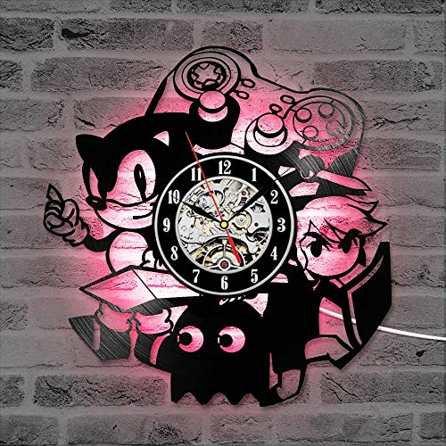 XCJX 7 Colors Sonic Game Reloj de Registro de Vinilo Creativo Estilo Antiguo decoración de la Pared Reloj LED Regalo 3D Reloj de grabación silenciosa para niños 7 Reloj（12 Inches）