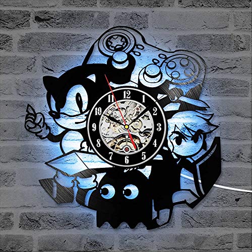XCJX 7 Colors Sonic Game Reloj de Registro de Vinilo Creativo Estilo Antiguo decoración de la Pared Reloj LED Regalo 3D Reloj de grabación silenciosa para niños 7 Reloj（12 Inches）