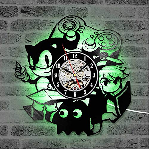 XCJX 7 Colors Sonic Game Reloj de Registro de Vinilo Creativo Estilo Antiguo decoración de la Pared Reloj LED Regalo 3D Reloj de grabación silenciosa para niños 7 Reloj（12 Inches）