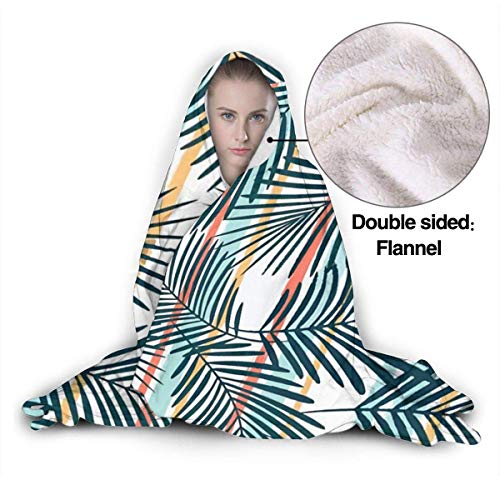 XCNGG Manta con Capucha Tropical Palm Leaves Hooded Blanket Windproof Cozy Hooded Throw Wrap Soft Sofa Blanket Thermal Hoodie Wearable Blanket Durable Flannel Hooded Sherpa Blanket for Men Women