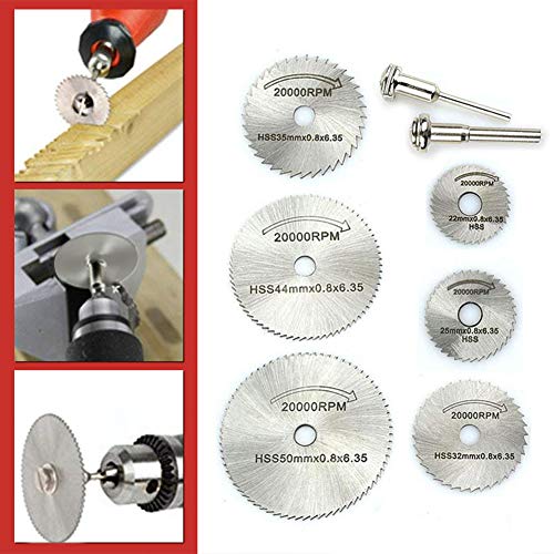 XCOZU - Juego de 8 herramientas giratorias de acero rápido, mini hoja de sierra circular, 6 cuchillas de corte y 2 varillas de extensión, discos de corte para madera, plástico y metal XCOZU - Juego de 8 herramientas giratorias de acero rápido, mini hoja de sierra circular, 6 cuchillas de corte y 2 varillas de extensión, discos de corte para madera, plástico y metal