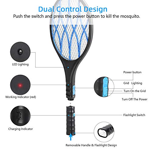 Xddias Raqueta Mosquitos Eléctrico, Anti Moscas Insectos Zapper Swatter Electrica, USB Recargable, 4000 Voltios, Iluminación LED, Dos Capas de rotección de Malla