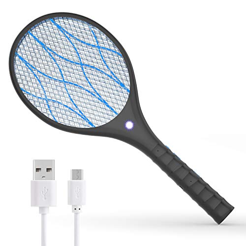 Xddias Raqueta Mosquitos Eléctrico, Anti Moscas Insectos Zapper Swatter Electrica, USB Recargable, 4000 Voltios, Iluminación LED, Dos Capas de rotección de Malla