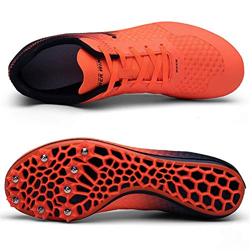 XFQ Pista Y Campo Zapatos, Sprint Entrenamiento Atlético Unisex Adultos Zapatos para Niños Junior Spikes Salto De Longitud Transpirable Zapatillas De Deporte,Naranja,41EU