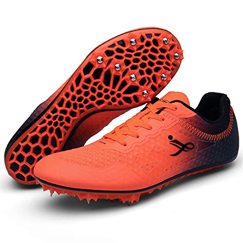 XFQ Pista Y Campo Zapatos, Sprint Entrenamiento Atlético Unisex Adultos Zapatos para Niños Junior Spikes Salto De Longitud Transpirable Zapatillas De Deporte,Naranja,41EU