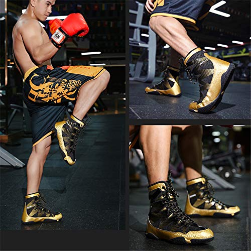XFQ Zapatos Adultos De Boxeo, Lucha Unisex Formadores Botas Buffer Antideslizante Transpirable Zapatillas De Deporte De Lucha De La Aptitud,Oro,43EU