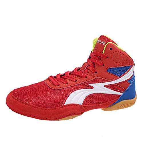 XFQ Zapatos De Boxeo Niños, Top del Punto Bajo Fighting Formadores De Peso Ligero Y Transpirable Antideslizante Profesión Lucha Aptitud Zapatillas De Deporte,Rojo,36EU