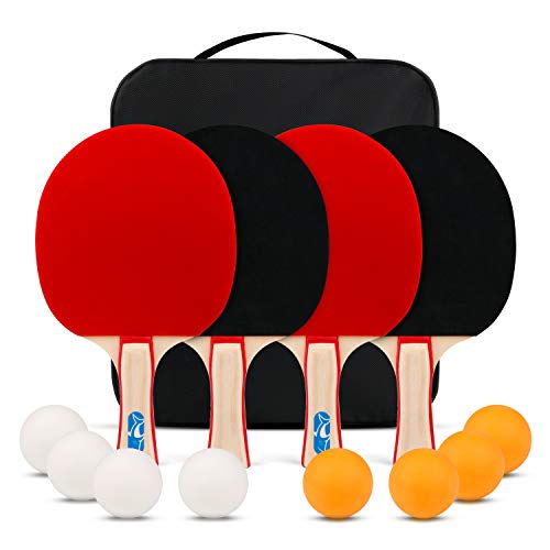 XGEAR Sets de Ping Pong Juego Tenis de Mesa con 4 Raquetas + 8 Pelotas + 1 Bolsa Profesionales Palas Pingpong Cómodo Mango Material de Alta Elasticidad