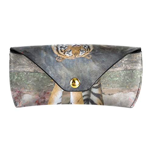 XiangHeFu Funda para gafas Red Leaf Forest Tiger Cuero de PU Gafas portátiles Bolsa Multiuso Almacenamiento Gafas de sol Estuche