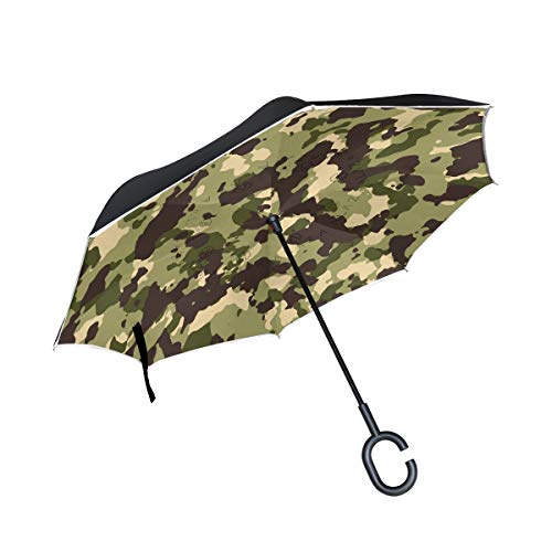 XiangHeFu Paraguas invertidos de Doble Capa invertidos Camo Plegable Protección UV a Prueba de Viento Gran Recto para automóvil con Mango en Forma de C