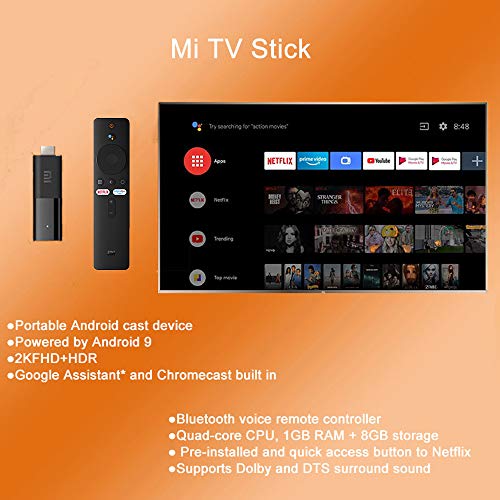 Xiaomi Mi TV Stick, Smart 2K HDR 1GB de RAM 8GB ROM, Bluetooth 4,2 Android TV 9,0 Mini TV Dongle WiFi Google Asistente Versión Global