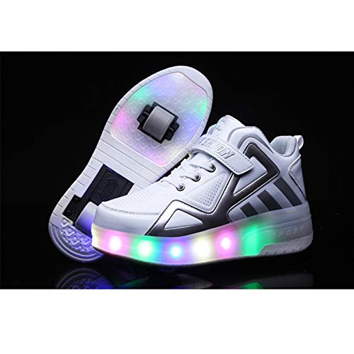 Xin Hai Yuan Zapatos De Patinaje sobre Ruedas LED para Niños Ruedas Dobles Patines Luminosos Intermitentes Deportes Al Aire Libre Deporte Cruzadas Zapatillas De Gimnasia Técnicas De Skate,Blanco,33