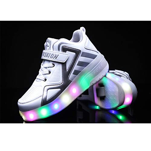 Xin Hai Yuan Zapatos De Patinaje sobre Ruedas LED para Niños Ruedas Dobles Patines Luminosos Intermitentes Deportes Al Aire Libre Deporte Cruzadas Zapatillas De Gimnasia Técnicas De Skate,Blanco,33