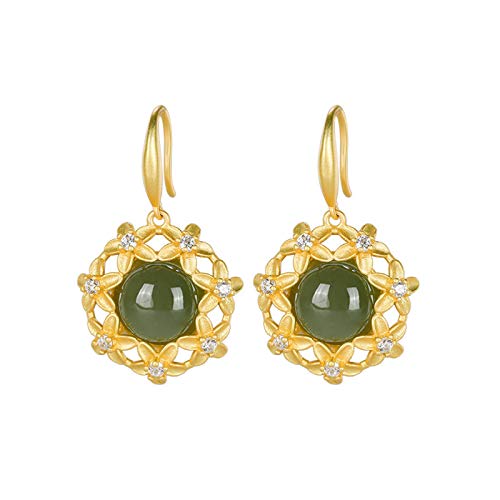 XinLuMing Pendientes de Flor de Jade Natural para Lady 925 Plata de Ley de Plata Redonda joyería Colgante Jubileo (Color : Gold)