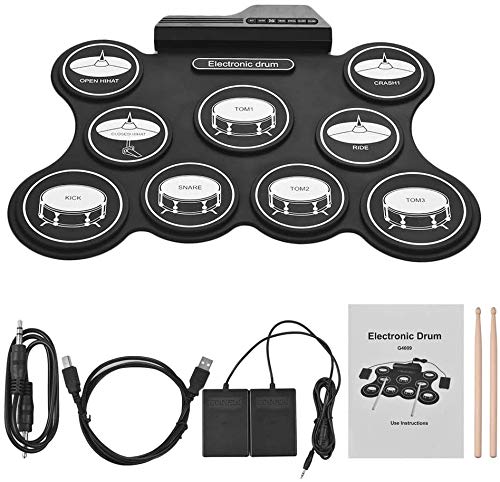 XINRUIBO Set de Tambor electrónico USB Portátil Roll-UP 9 Silicon Drum Pads Instrumentos de percusión con Pedales de pie Palitos de Tambores adecuados para niños y Principiantes Tambor electronico