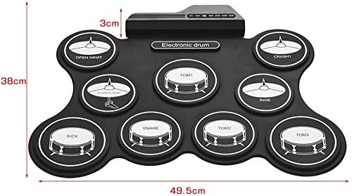XINRUIBO Set de Tambor electrónico USB Portátil Roll-UP 9 Silicon Drum Pads Instrumentos de percusión con Pedales de pie Palitos de Tambores adecuados para niños y Principiantes Tambor electronico