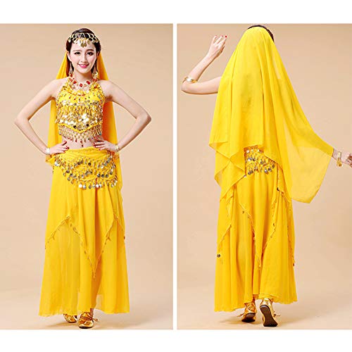 Xinvivion 4 Piezas Mujer Señoras Danza del Vientre Profesional Conjunto de Vestuario Danza India Rendimiento Outfit Traje (Amarillo,Ajuste 35-45 KG)