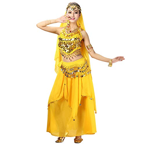 Xinvivion 4 Piezas Mujer Señoras Danza del Vientre Profesional Conjunto de Vestuario Danza India Rendimiento Outfit Traje (Amarillo,Ajuste 35-45 KG)