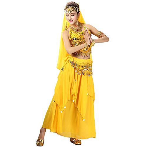 Xinvivion 4 Piezas Mujer Señoras Danza del Vientre Profesional Conjunto de Vestuario Danza India Rendimiento Outfit Traje (Amarillo,Ajuste 35-45 KG)