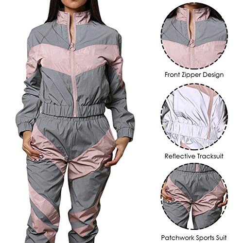 Xinvivion Conjunto de Chándal Reflectante de 2 Piezas para Mujer, Chaqueta Corta de Manga Larga y Pantalón de Cintura Alta