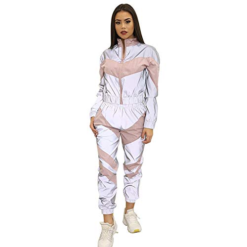 Xinvivion Conjunto de Chándal Reflectante de 2 Piezas para Mujer, Chaqueta Corta de Manga Larga y Pantalón de Cintura Alta