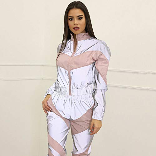 Xinvivion Conjunto de Chándal Reflectante de 2 Piezas para Mujer, Chaqueta Corta de Manga Larga y Pantalón de Cintura Alta