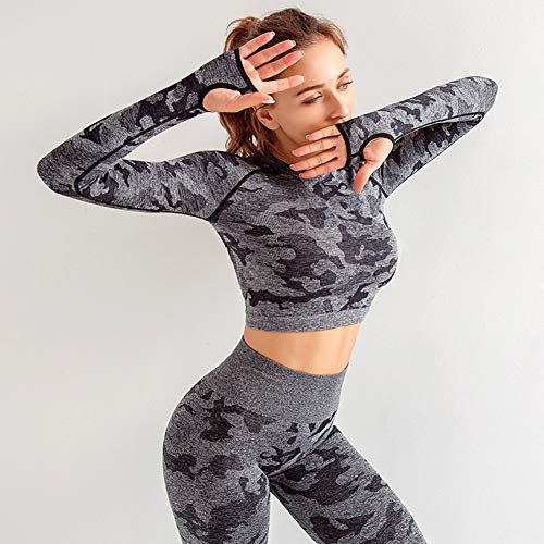 Xinvivion Conjunto de Ropa Deportiva para Mujer Yoga Gimnasio Manga Larga Top & Pantalones Sin Costura Chandal