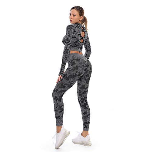 Xinvivion Conjunto de Ropa Deportiva para Mujer Yoga Gimnasio Manga Larga Top & Pantalones Sin Costura Chandal