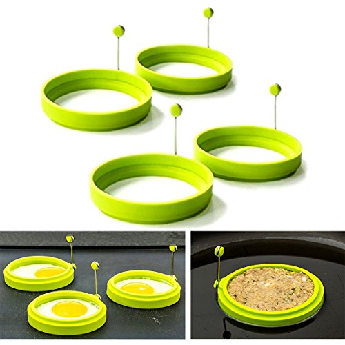 XLKJ 4 Pcs Moldes para Huevos Fritos Molde Anillo de Silicona para Huevos Fritos Tortitas Huevos Escalfados ect, Verde