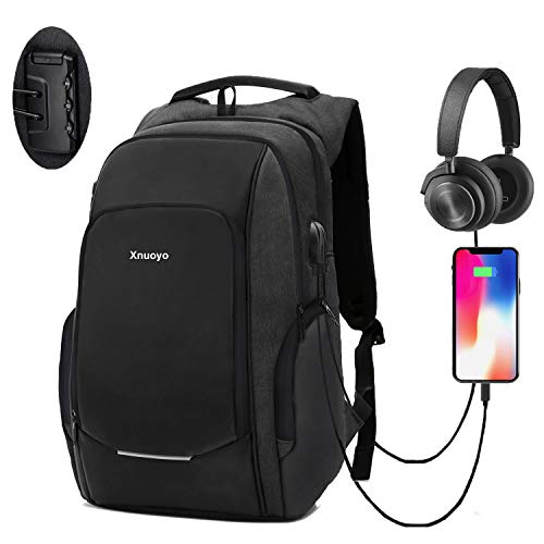 Xnuoyo Mochila Antirrobo de Portátil, 15,6 Pulgada Mochila Ordenador Portatil Resistente al Agua con el Puerto de Carga y Auriculares USB para Hombre Mujer Oficina Trabajo Diario Negocio, Negro