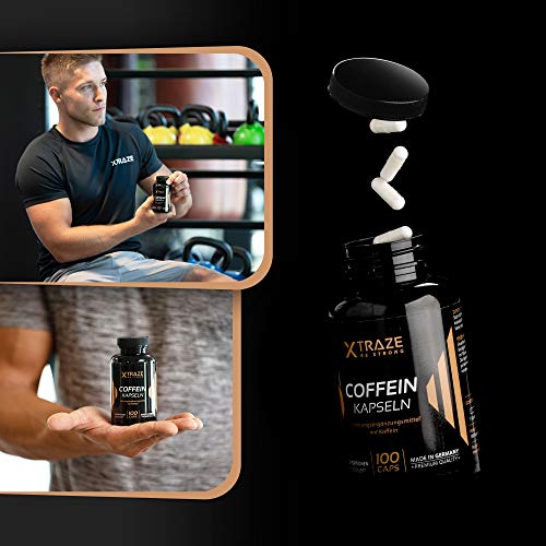 XTRAZE® Cafeína Pura en Cápsulas 200 mg de Dosis Alta, 100 Cápsulas Durante 100 Días de Uso Continuo, sin Aditivos Innecesarios, sin Sabor y anhidra, Natural Suplemento, Calidad Alemana