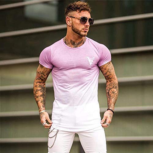 XuanhaFU Camisetas de Manga Corta Hombre,Gradiente de Hombres de Moda de Cuello Redondo Elíptico Hem Elastic Casual Fitness Camiseta de Manga Corta Top (Rosa,M)