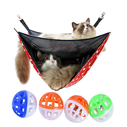 Xumier 5pcs Hamaca para Gato Doble Jaula de Mascotas Colgando Malla Transpirable de Verano Colchoneta de Nido de Hamaca Cama para Mascotas Carga máxima 15Kg +4 Pelotas de Juguete para Gatos