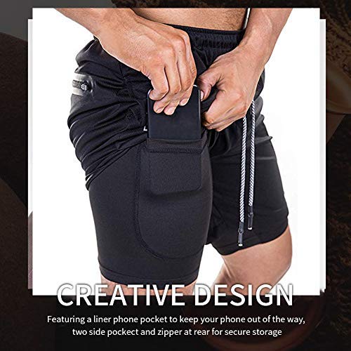 XuyIeY - Pantalones cortos para correr para hombre, entrenamiento, 2 en 1, con compresión interna y bolsillo, Todo el año, Hombre, color negro, tamaño Medium