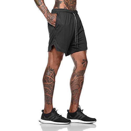 XuyIeY - Pantalones cortos para correr para hombre, entrenamiento, 2 en 1, con compresión interna y bolsillo, Todo el año, Hombre, color negro, tamaño Medium