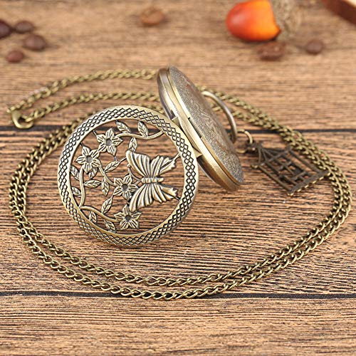 XVCHQIN Reloj de Bolsillo de Cuarzo de Bronce Antiguo, Cadena de Collar con Accesorio de Jaula, Relojes Colgantes, Reloj Steampunk de Half Hunter, Bonitos Regalos, pájaro estéreo B