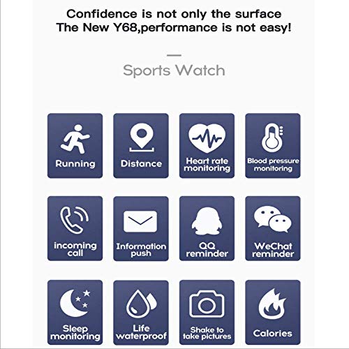 Y68 - Reloj inteligente Bluetooth para hombre y mujer, monitor de ritmo cardíaco, monitor de presión arterial, pulsera inteligente para Apple iOS y Android