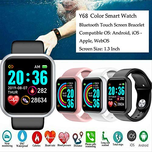 Y68 - Reloj inteligente Bluetooth para hombre y mujer, monitor de ritmo cardíaco, monitor de presión arterial, pulsera inteligente para Apple iOS y Android