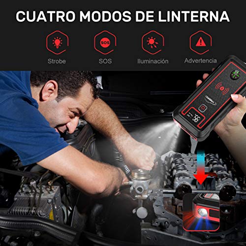 YABER Arrancador de Coches, 23800mAh 2500A Arrancador de Baterias de Coche (para Todo vehículo de Gasolina o 8.0L de Diesel), con Cargador Inalámbrico y Linterna LED, Brújula，Martillo de Seguridad