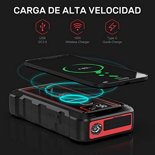 YABER Arrancador de Coches, 23800mAh 2500A Arrancador de Baterias de Coche (para Todo vehículo de Gasolina o 8.0L de Diesel), con Cargador Inalámbrico y Linterna LED, Brújula，Martillo de Seguridad