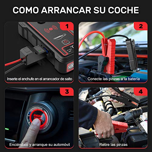 YABER Arrancador de Coches, 23800mAh 2500A Arrancador de Baterias de Coche (para Todo vehículo de Gasolina o 8.0L de Diesel), con Cargador Inalámbrico y Linterna LED, Brújula，Martillo de Seguridad