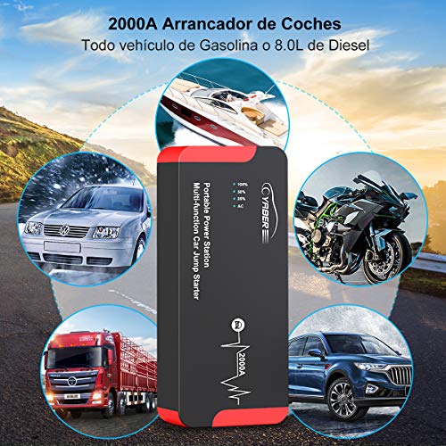 YABER Portátil AC Arrancador de Coches, 22000mAh 2000A Arrancador Batería Coche (para Todo vehículo de Gasolina o 8.0L de Diesel) con DC y Carga Rápida QC3.0