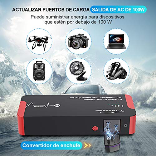 YABER Portátil AC Arrancador de Coches, 22000mAh 2000A Arrancador Batería Coche (para Todo vehículo de Gasolina o 8.0L de Diesel) con DC y Carga Rápida QC3.0