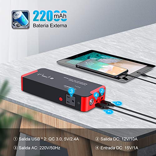 YABER Portátil AC Arrancador de Coches, 22000mAh 2000A Arrancador Batería Coche (para Todo vehículo de Gasolina o 8.0L de Diesel) con DC y Carga Rápida QC3.0 YABER Portátil AC Arrancador de Coches, 22000mAh 2000A Arrancador Batería Coche (para Todo vehículo de Gasolina o 8.0L de Diesel) con DC y Carga Rápida QC3.0