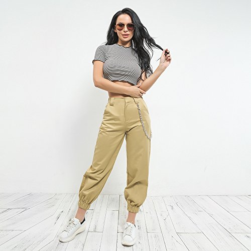 YACUN Mujer Casual Pantalones Cargo Pantalon Hip Hop Jogger con Cadena Danza Streetwear Boyfriend Harem Khaki M