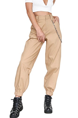 YACUN Mujer Casual Pantalones Cargo Pantalon Hip Hop Jogger con Cadena Danza Streetwear Boyfriend Harem Khaki M