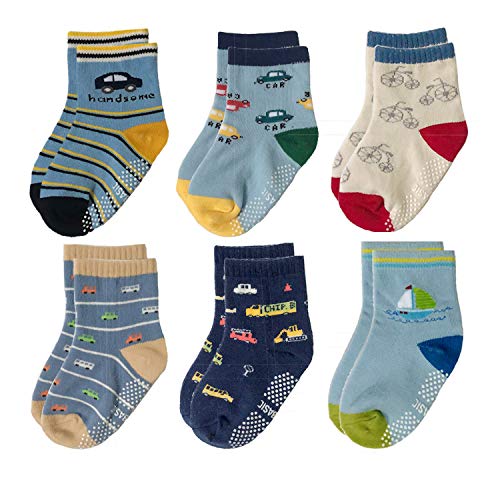 Yafane 12 Pares de Calcetines Antideslizantes para Niños Pequeños Algodón Lindo con Puños Calcetines Antideslizantes para Bebés (Color B, 1-3 años)